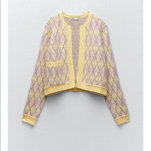 ZARA ARGYLE KNIT CARDIGAN WITH METALLIC THREAD